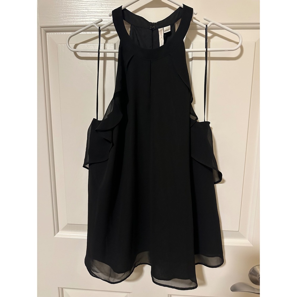 LC Lauren Conrad Top Womens L Black Runway Ruffle Halter Blouse Chiffon Keyhole